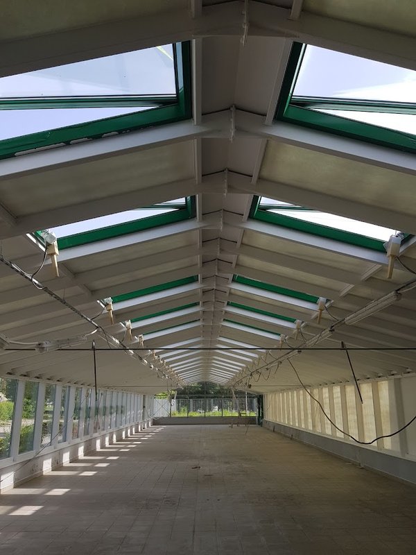 Interior structural ribs of a metal-framed glass roof section treated with GWR NANO INSULATION® coating — MarázPlast, Kaposvár